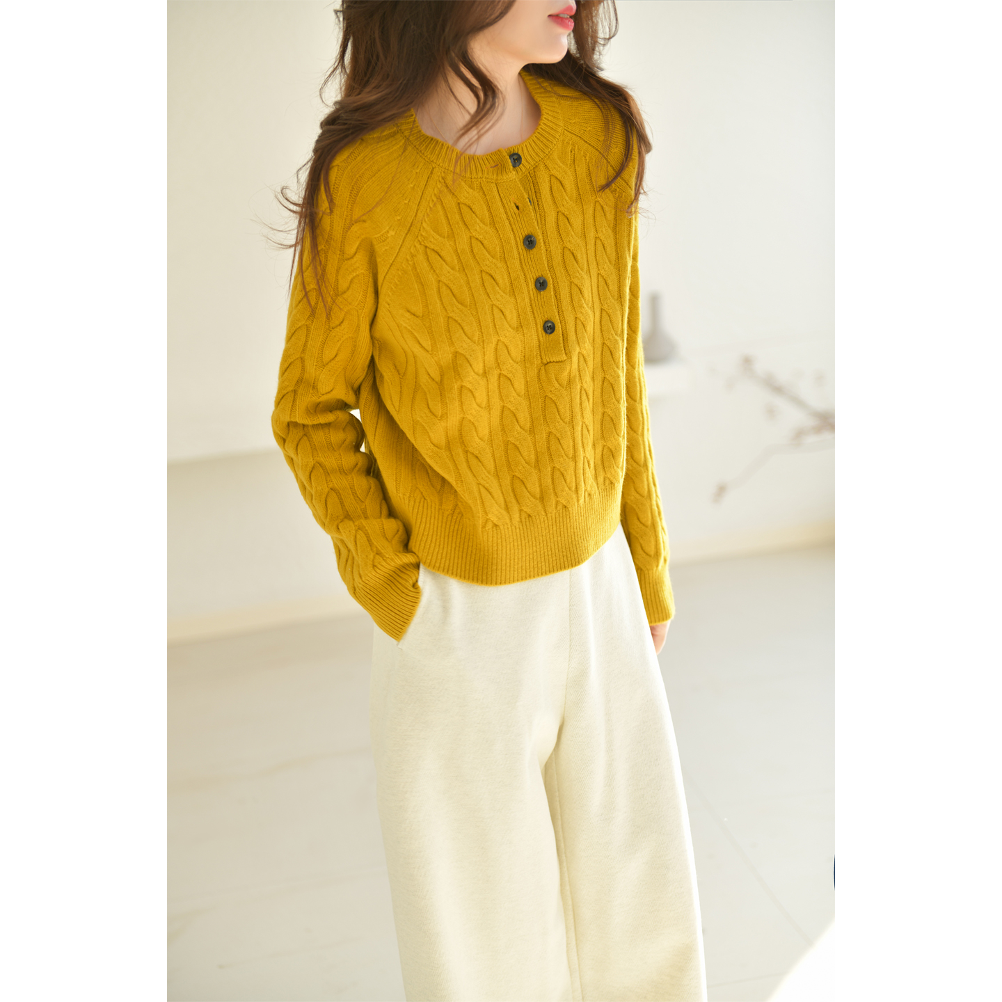 GESGOO复古麻花羊毛羊绒圆领毛衣