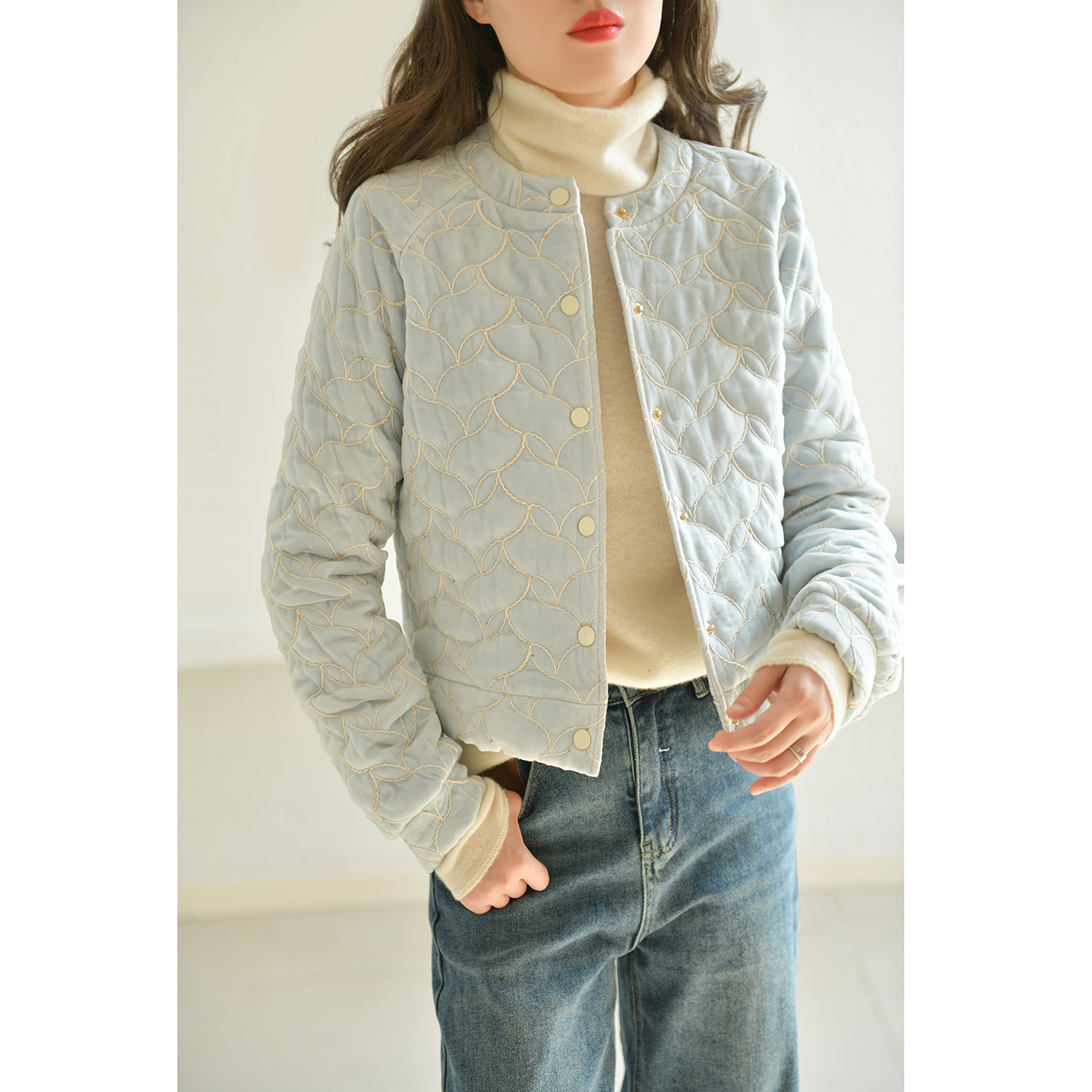 GESGOO洋气蓝色圆领棉服短款