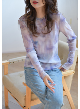GESGOO洋气紫色修身显瘦长袖上衣t恤女2025新款秋季网纱打底衫薄