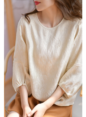 GESGOO重磅冠乐绉真丝衬衫女2026新款春夏灯笼袖提花上衣别致小衫