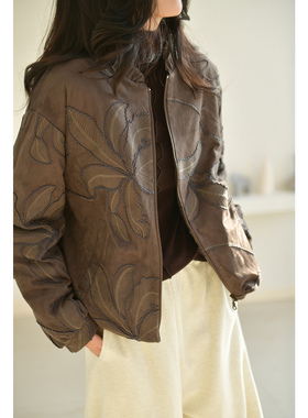 GESGOO原创设计绒面质感刺绣羽绒服冬季女宽松通勤白鸭绒外套夹克