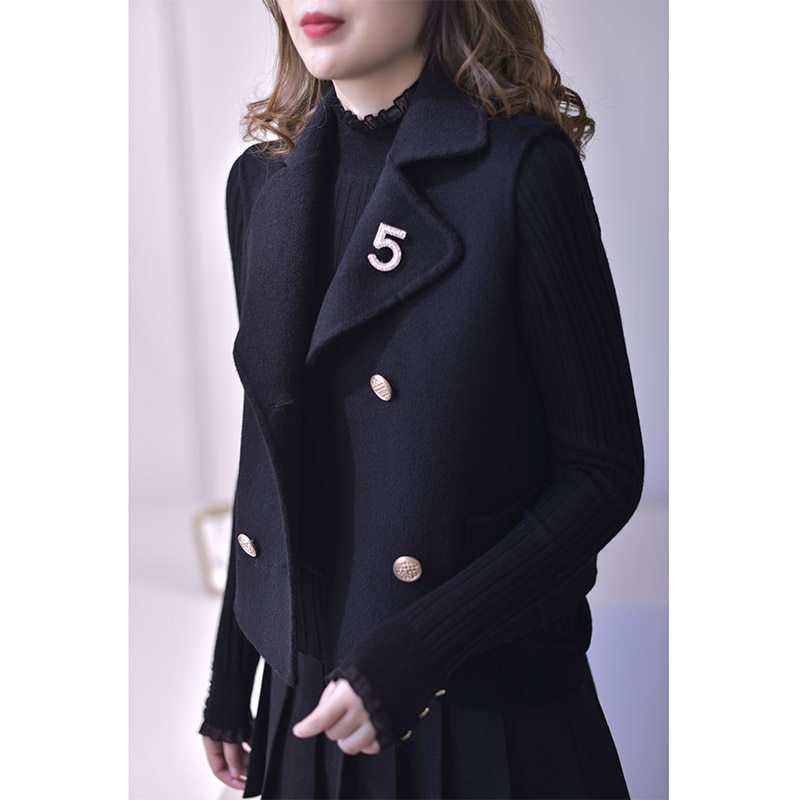 黑色无袖双面羊毛呢子大衣女短款秋冬新款显瘦毛呢马甲小香风外套