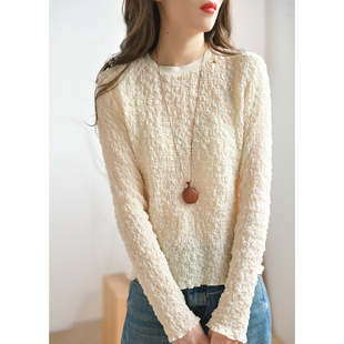 GESGOO泡泡褶皱圆领打底衫女内搭高级感2026新款长袖t恤上衣春季