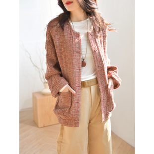 GESGOO原创设计小香风亚麻外套女春装新品编织镂空松弛感宽松上衣