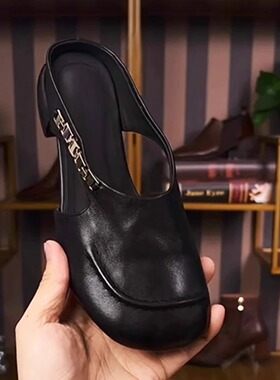 手工原创3cm粗跟包头半拖鞋女2026夏新款圆头镂空中跟妈妈皮拖鞋