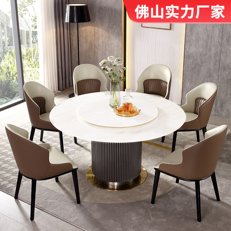 轻奢意式进口卡里冰玉天然大理石圆形餐桌设计师不锈钢别墅大圆桌