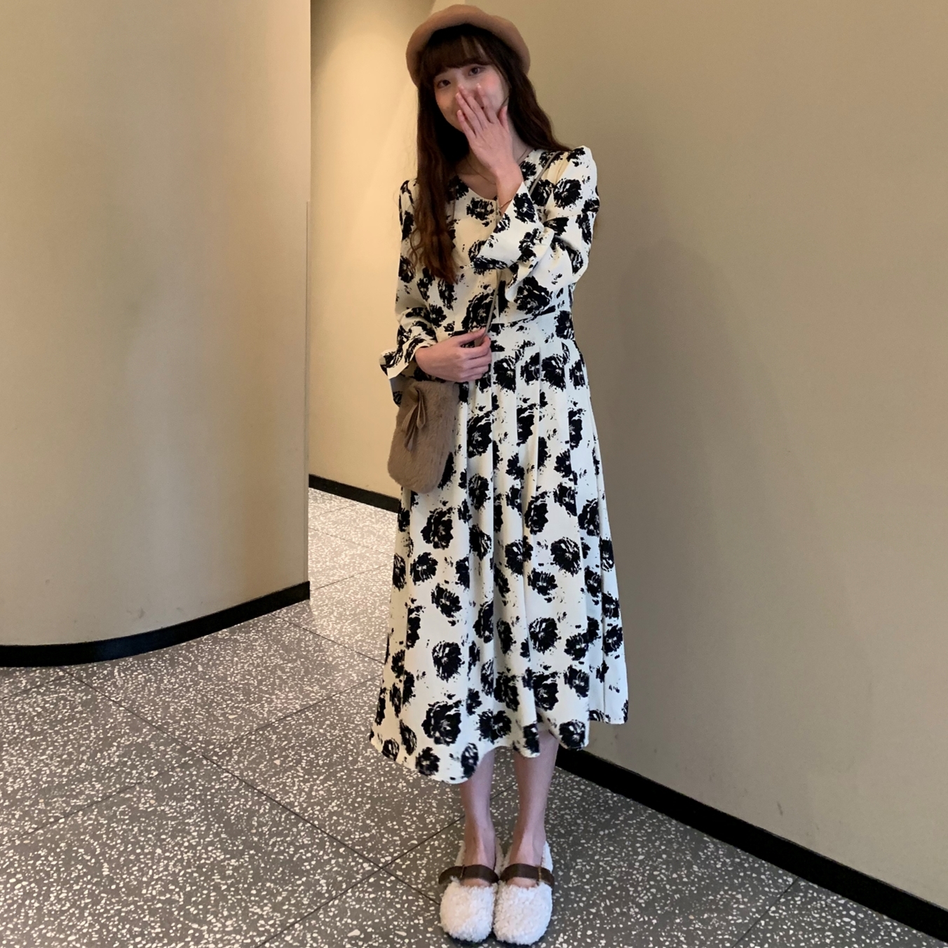 Korean black flower print pleated mid length dress