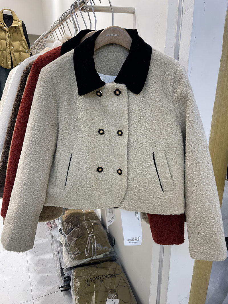 红色小香风羊羔毛羽绒内胆2025秋冬韩系翻领气质双排扣名媛风外套