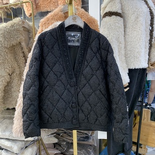 清货！羽绒服女短款90白鸭绒小香风气质轻薄V领口镶钻压褶皱外套