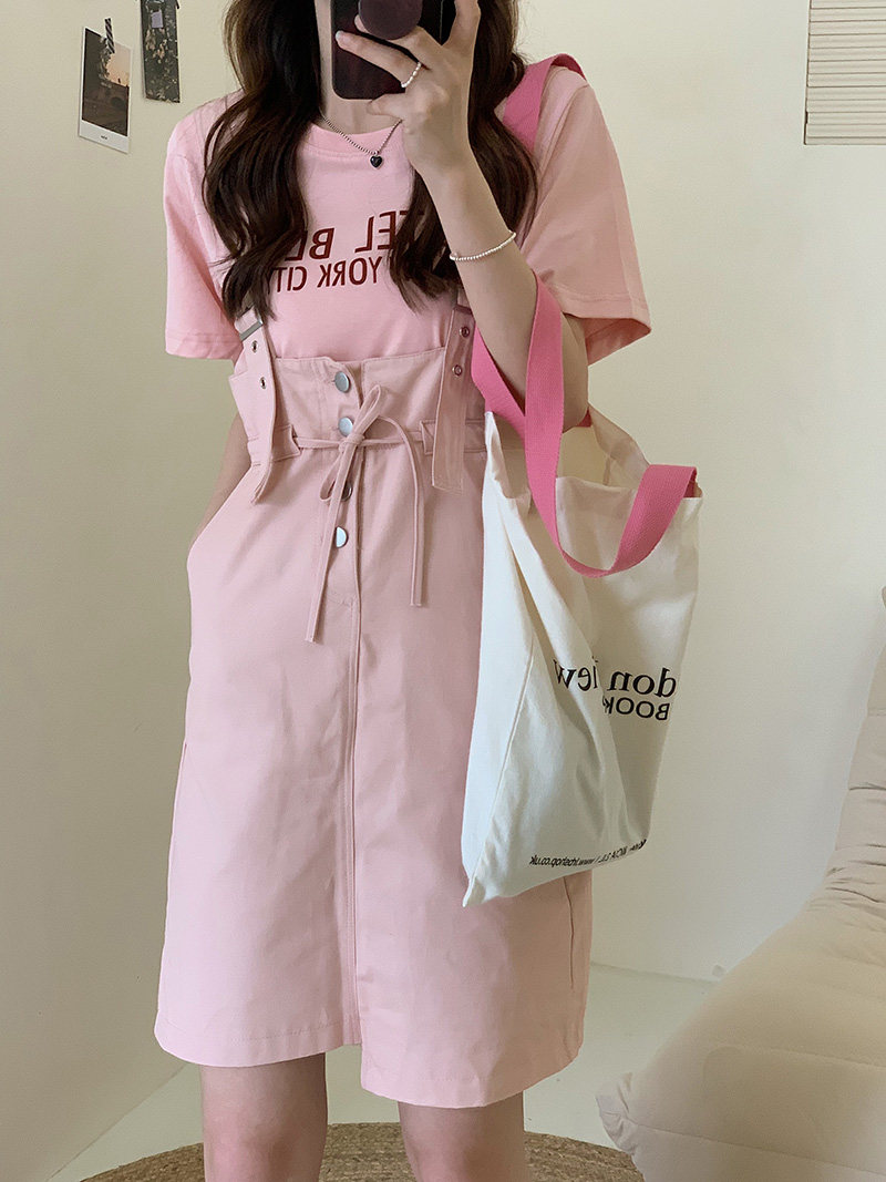 粉色牛仔背带裙夏季少女