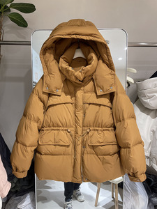 高品质韩系羽绒服女冬新款韩版宽松抽绳收腰连帽中长款白鸭绒外套