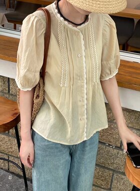 韩系花边法式复古设计感小衫女夏季新款气质棉麻减龄短袖衬衫上衣