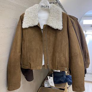 2025新女秋冬短外套女宽松显瘦上衣翻领拼接羊羔毛羽绒内胆白鸭绒