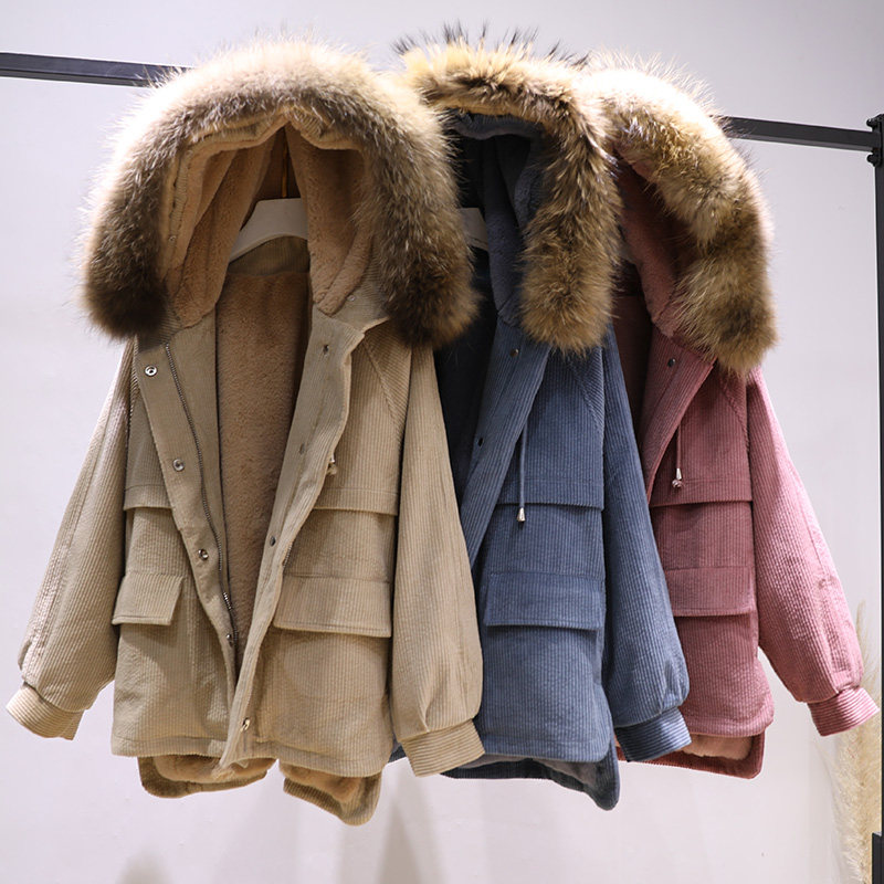 女装派克服新款加绒加厚外套宽松保暖棉衣灯芯绒夹克獭兔毛连帽