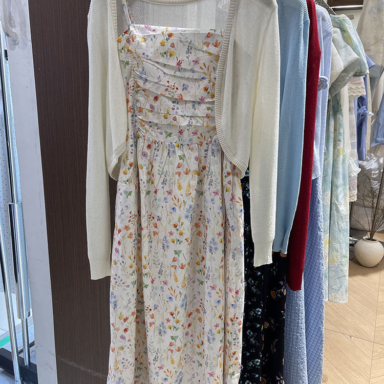 针织开衫披肩短外套吊带碎花裙长裙两件套连衣裙女装茶歇春夏套裙