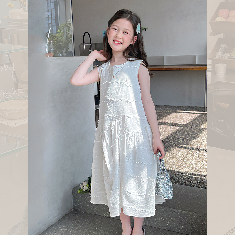 女童时髦白色长裙子儿童洋气连衣裙大童装公主背心裙2025夏装新款