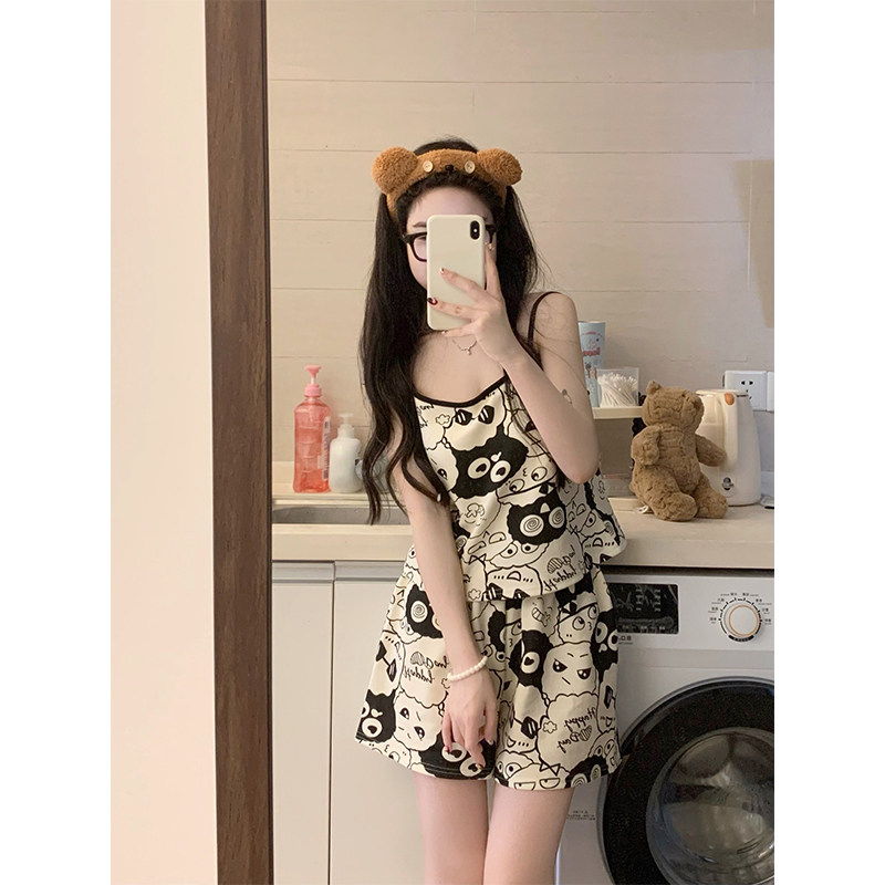 吊带睡衣女夏季背心短裤韩版甜美卡通带胸垫薄款家居服套装学生