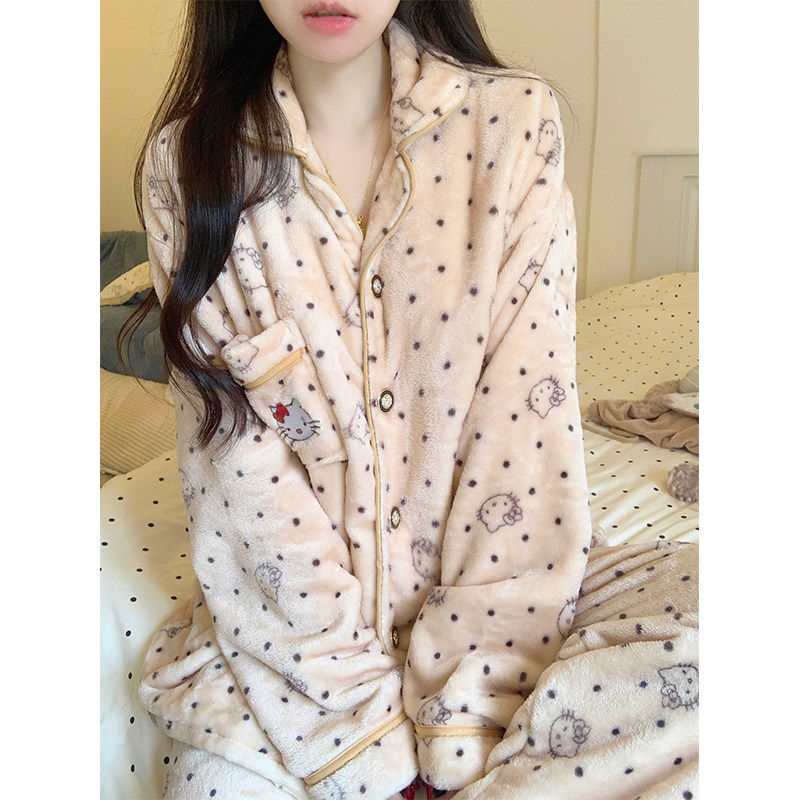 冬季新款珊瑚绒睡衣女爆款波点KT猫加厚保暖法兰绒冬天家居服套装
