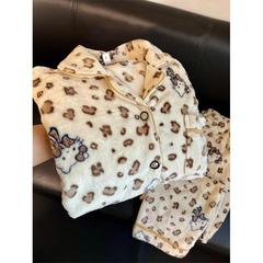 卡通珊瑚绒睡衣女秋冬季可爱豹纹凯蒂猫长袖加厚保暖家居服套装