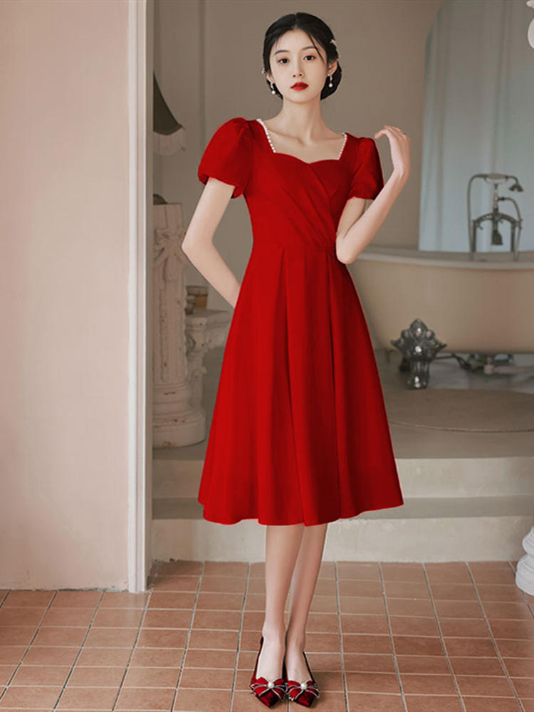 时尚方领短袖A字裙气质高端礼服