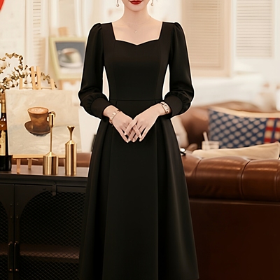 优雅方领长袖A字裙中长款显瘦