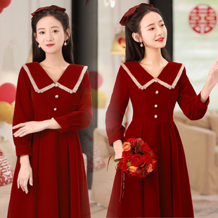 敬酒服新娘冬天订婚红色小礼服连衣裙秋季平时可穿回门冬季小个子