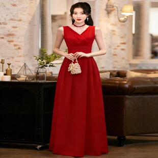 敬酒服新娘结婚回门礼服V领长款显瘦高腰遮肉简约大气宴会晚礼服