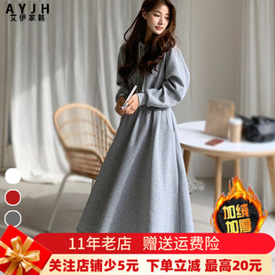 高端连帽长款 遮肚腩显瘦高腰连衣裙掐腰大摆裙 卫衣裙女加绒大码