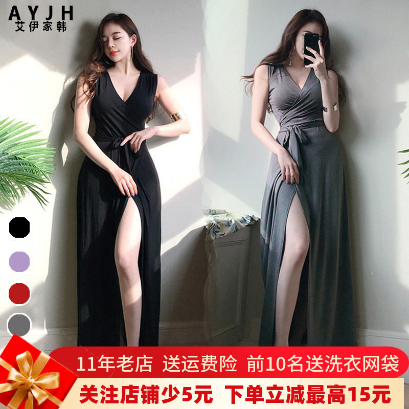 背心一片式绑带大深微v领莫代尔连衣裙无袖夏天显瘦修身紫色长裙
