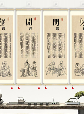 中医四诊望闻问切四联画卷轴装饰画中医院诊所门诊背景挂画GZY51
