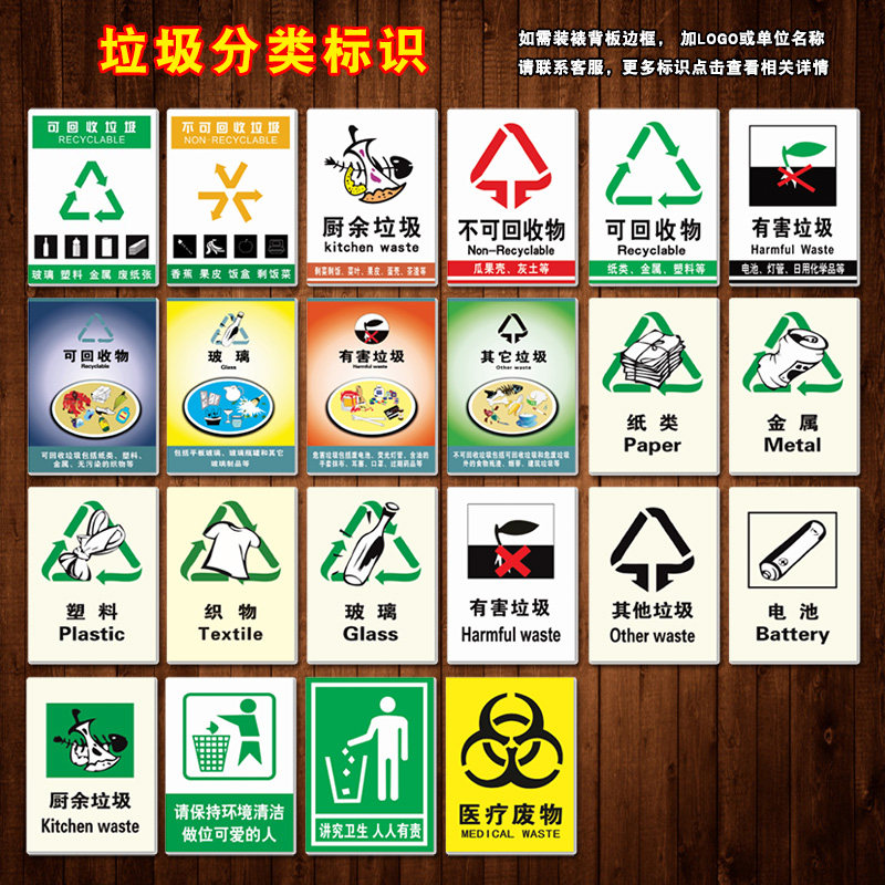 垃圾桶标示标志垃圾分类标识牌金属玻璃塑料纸类电池分类贴纸tmp