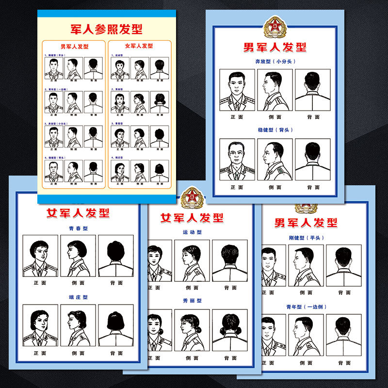 军营文化宣传画部队理发挂图男女军人参照发型示意图墙贴画gbh