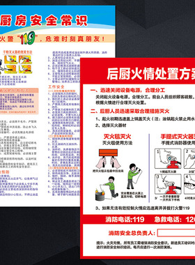 酒店餐厅后厨火情处置方案厨房安全常识宣传画海报消防贴纸VCH64