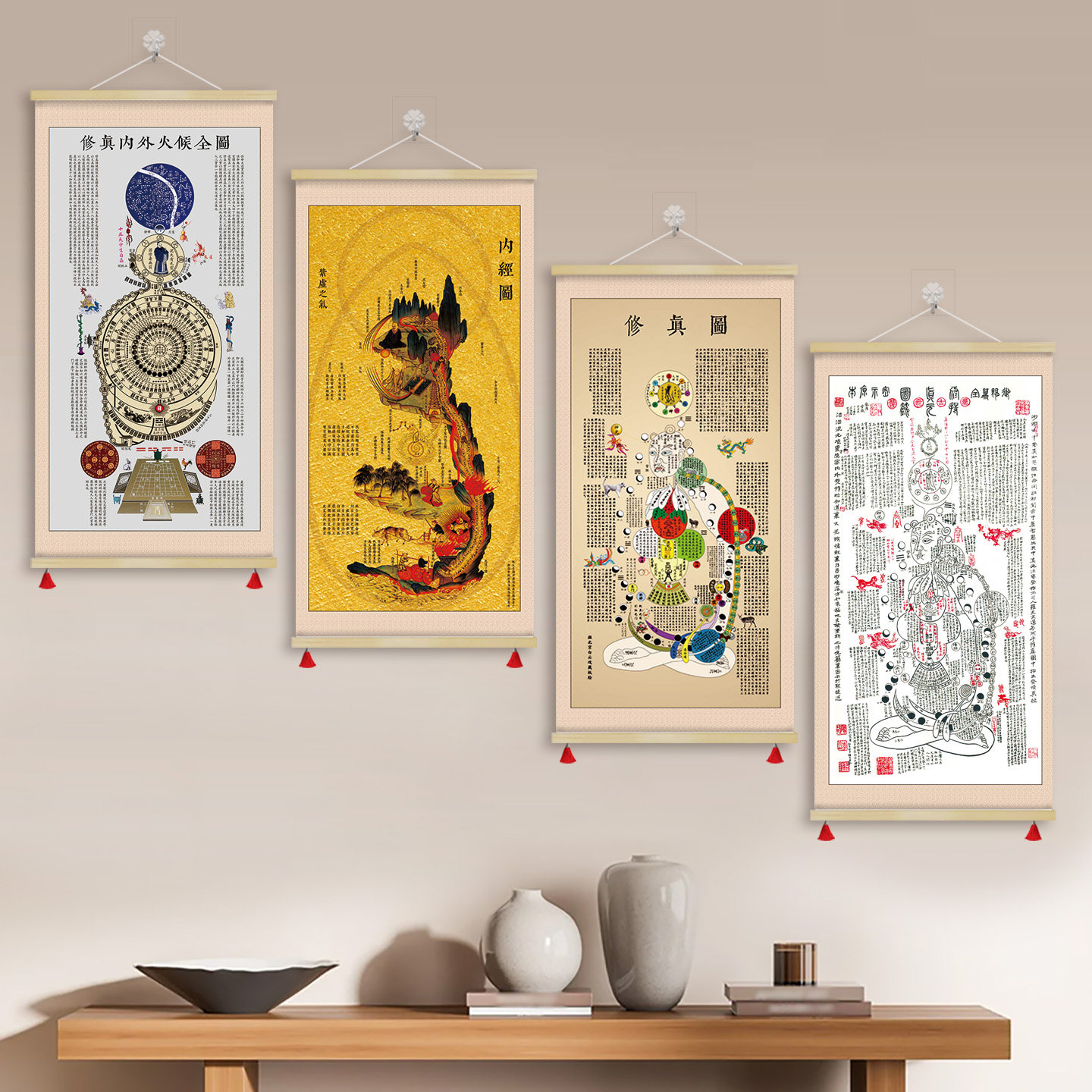 道家修真内外火候全图内经图挂画实木挂轴油画布装饰画字画GZS32