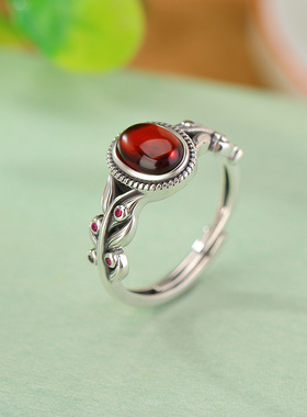 S925纯银血珀复古做旧民族风麦穗蛋面戒指国潮个性百搭指环
