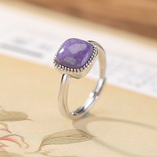 S925纯银紫龙晶戒指简约几何方形时尚气质百搭小方糖银指环