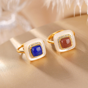 S925纯银镀金南红青金石白贝母时尚轻奢方形戒指复古银指环