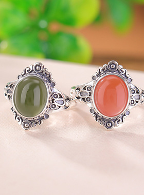 S925纯银水红南红和田玉晴水玉复古做旧祥云如意戒指银指环