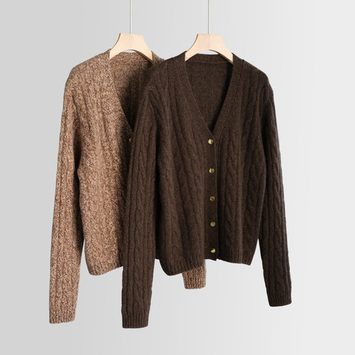 Z.M.R 康赛妮花纱 麻花三股加厚100%纯山羊绒开衫女针织毛衣外套