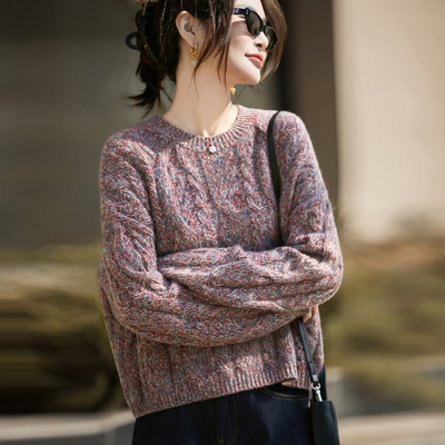 轻奢花纱麻花100%纯羊毛衫女圆领针织加厚宽松慵懒短款毛衣上衣