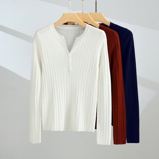 女针织V领薄款 扬子纱精纺100%纯羊毛衫 打底上衣 160支黄金羊毛