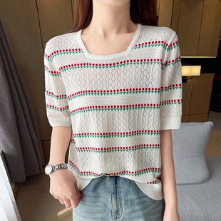 Z.M.R 浮雕感提花 100莱赛尔天丝镂空提花针织短袖女方领T恤上衣