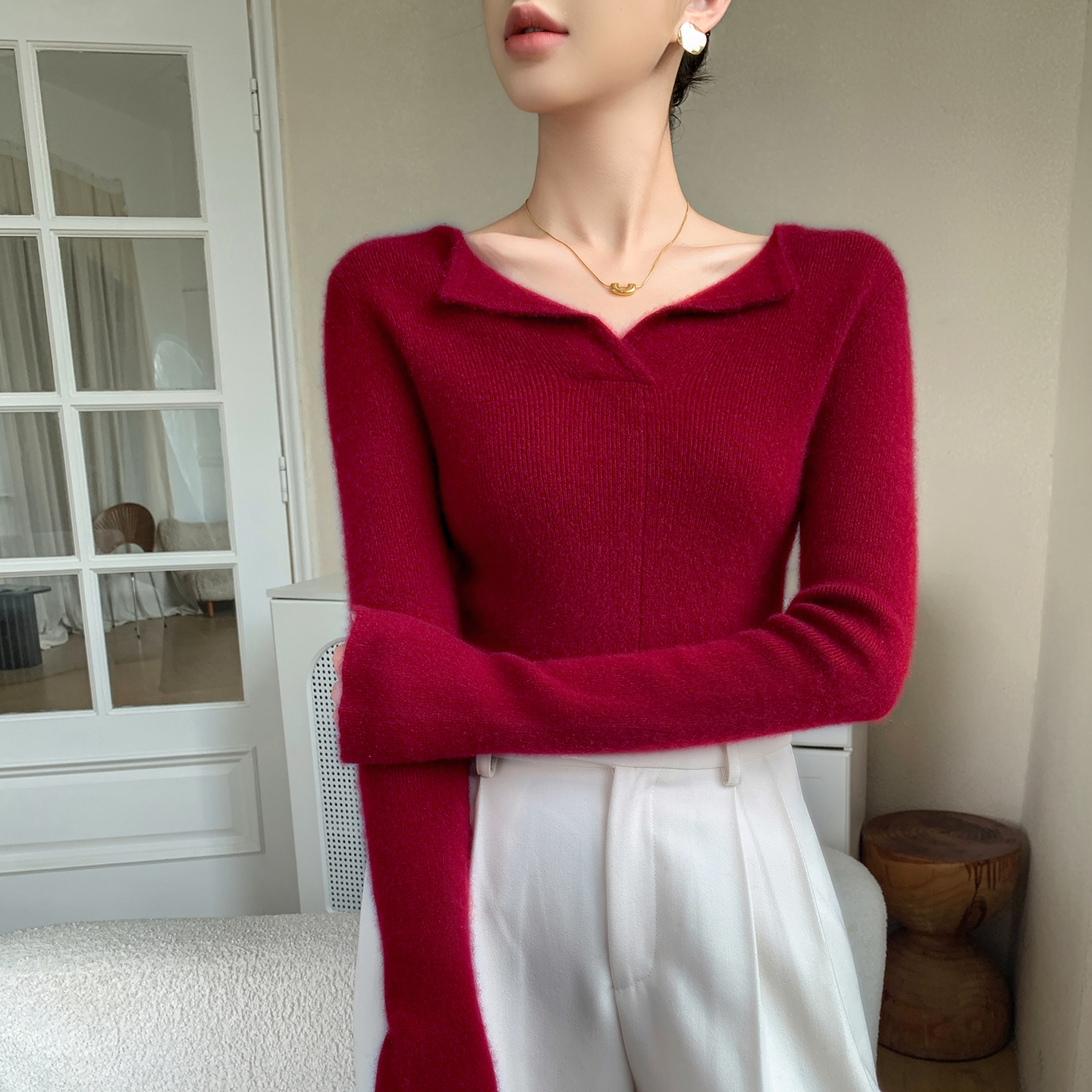 臻丨轻柔软糯baby小山羊绒衫女半开领紧身针织衫修身薄款毛衣打底