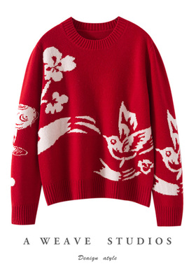 Z.M.R 鸟鱼花香 100%纯羊毛衫女提花针织衫宽松红色新春喜庆毛衣