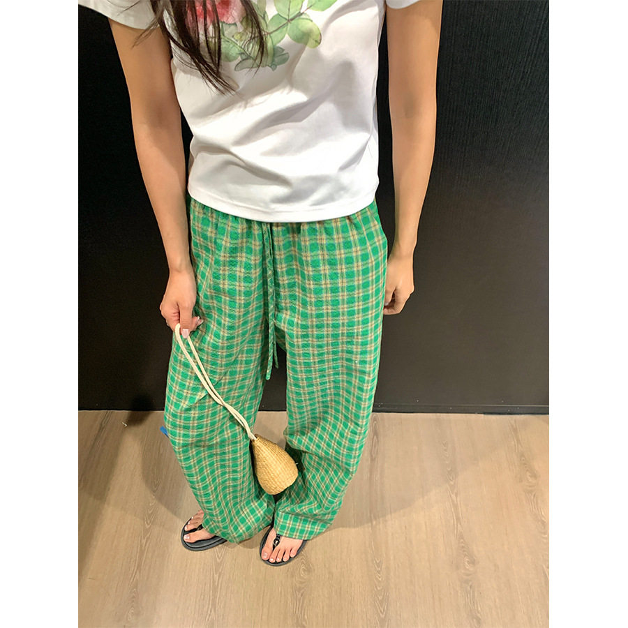 小7家 ins韩系宽松复古高腰显瘦松紧腰抽绳阔腿裤格子休闲长裤女