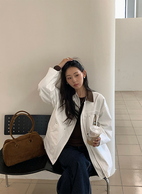 小7家ina韩系秋冬复古拼色外套街头翻领白色工装休闲夹克上衣女