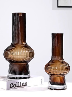 北欧轻奢网红条纹收口玻璃花瓶摆件客厅餐桌家居插花器室内装饰品