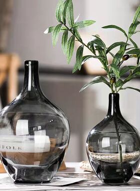 简约小口醉木马大肚瓶玻璃吊钟花瓶日式盆景落地大号灰色水培花器