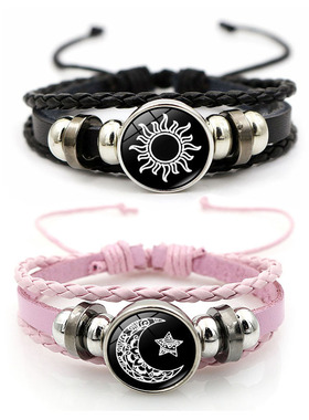跨境新品2024日月恋人皮革手链复古朋克多层串珠编织手链情侣