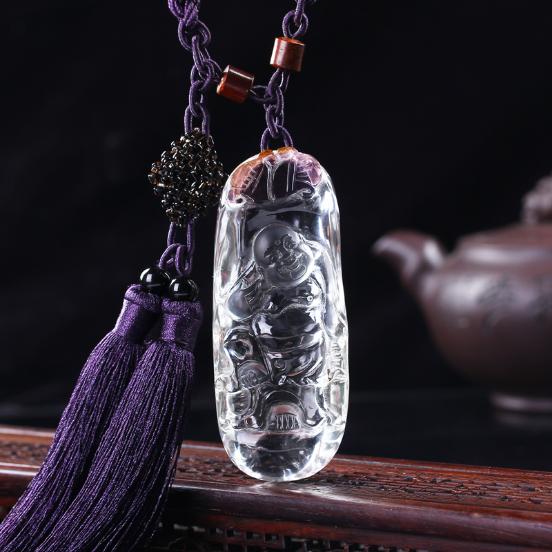 高档天然白水晶弥勒佛女士车挂俏色如意车载挂饰车内装饰新车礼物